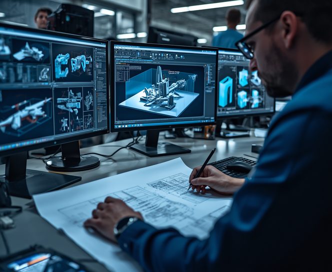 Engineer reviewing CAD models and equipment schematics on dual monitors