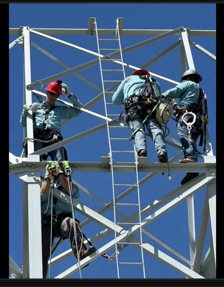 Linemen climbing a steel transmission tower during a live-line inspection