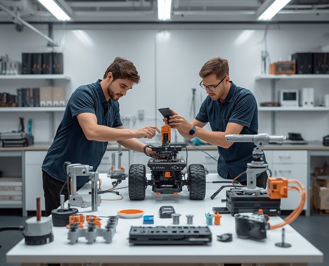 Engineers assembling a tracked patrol robot on a workshop bench